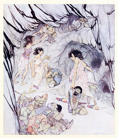 Este está gordo, dijo Cullen, y ella rodó un voluminoso feniano como una rueda de La cueva encantada de Cesh Corran en Cuentos de hadas irlandeses de Arthur Rackham