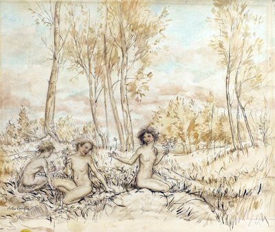 Tres ninfas del bosque recogiendo flores de Arthur Rackham