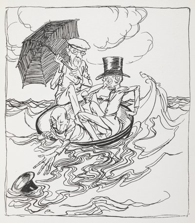 Tres hombres en un cuenco sobre el mar. de Arthur Rackham