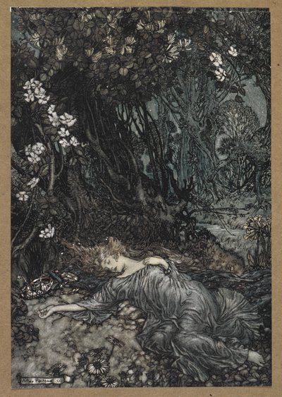 Titania durmiendo".
Una escena de "Sueño de una noche de verano". de Arthur Rackham