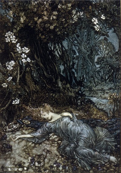 Titania, la Reina de las Hadas, está durmiendo. Ilustración de Arthur RACKHAM (1867-1939) para El Sueño de una Noche de Verano de William SHAKESPEARE de Arthur Rackham