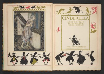 Portada y frontispicio de Cenicienta, contada de nuevo por CS Evans e ilustrada por Arthur Rackham de Arthur Rackham