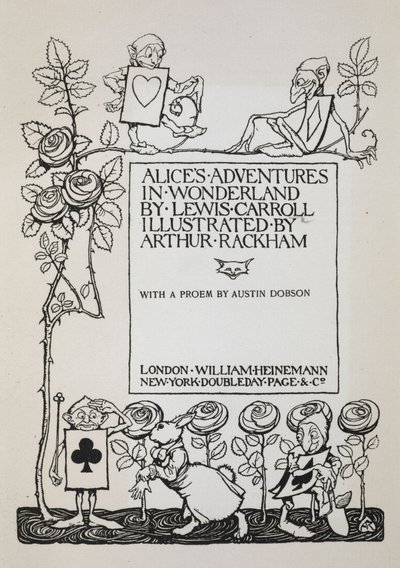 Portada con un rosal, el Conejo Blanco y hombres vestidos de naipes de Arthur Rackham