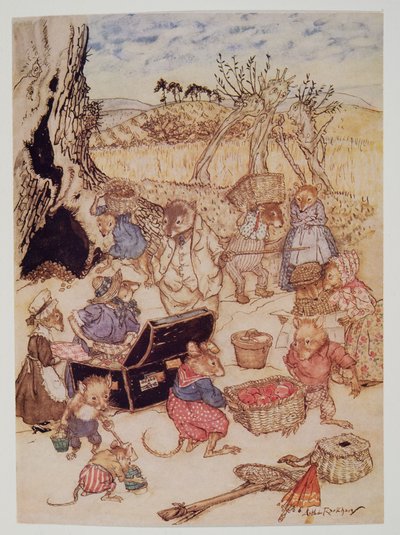 Hoy, sin embargo, aunque eran lo suficientemente amables, los ratones de campo y los ratones de la cosecha parecían preocupados, de El viento en los sauces de Kenneth Grahame (1859 - 1932), pub. 1940 de Arthur Rackham