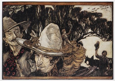Pulgarcito sentado en el ala de un sombrero. de Arthur Rackham