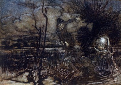 Dos personajes no logran ahogarse en el pantano, Puck los ayuda con un fuego. Ilustración de Arthur Rackham para El sueño de una noche de verano de William Shakespeare de Arthur Rackham