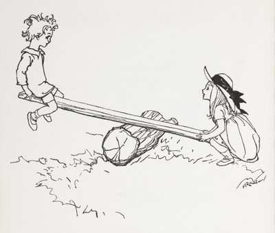 Dos niños en un serrucho. de Arthur Rackham