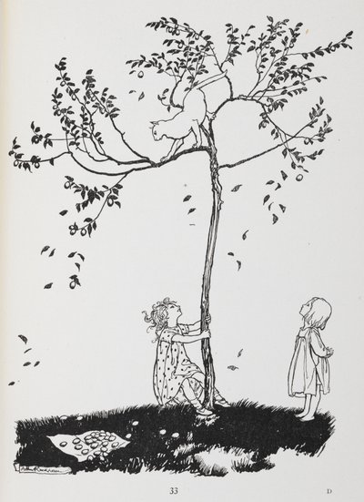 Dos niños intentan bajar a un gato de un árbol. de Arthur Rackham