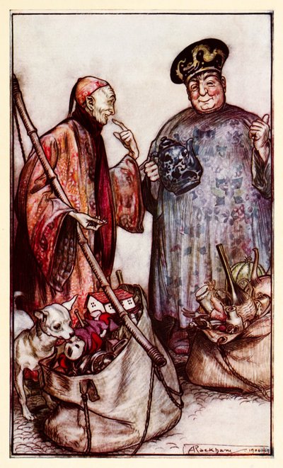 Dos de esos sabios... como vendedores ambulantes entre nosotros (expresándose con cosas que llevan consigo), de la Parte III: Un viaje a Laputa, Balnibarbi, Luggnagg, Glubbdubdrib y Japón en Los viajes de Gulliver de Arthur Rackham