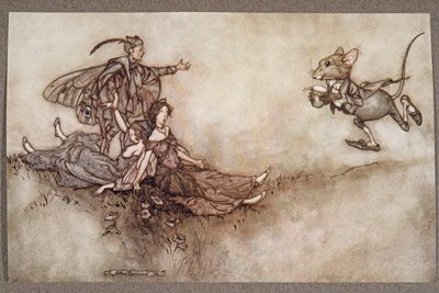 El jugo de alhelí es bueno para revivir a los bailarines que caen al suelo en un ataque, de Peter Pan en los Jardines de Kensington por J M Barrie (1860 - 1937), pub. 1906 de Arthur Rackham