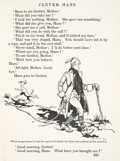 Cuando llegó a casa tenía la cuerda en la mano, pero no había nada al final, de Los cuentos de hadas de los hermanos Grimm, pub. 1909 de Arthur Rackham