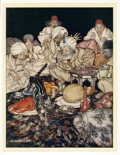 Cuando Puss vio las ratas y ratones, no esperó a que se lo dijeran, de Cuentos de Hadas Ingleses, pub. 1922 de Arthur Rackham