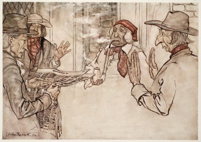 Cuando algo le disgustaba, se le veía fumar su pipa con vehemencia, y emitir bocanadas cortas, frecuentes y enojadas., de Rip Van Winkle de Washington Irving, pub. 1910 de Arthur Rackham