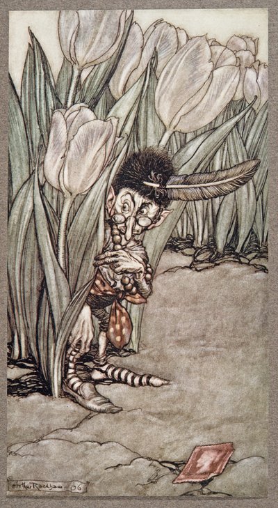 Cuando escuchó la voz de Peter, se escondió alarmado detrás de un tulipán, de Peter Pan en los Jardines de Kensington de J M Barrie, pub. 1906 de Arthur Rackham