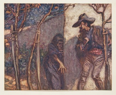 Cuando pasó el muro, se aterrorizó al ver a la bruja frente a él, de Los cuentos de hadas de los hermanos Grimm, pub. 1909 de Arthur Rackham