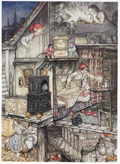 "Cuando llegó la noche y la tienda cerró". Una familia de noche en su casa.
Un hombre leyendo en el desván. Un duende mirando por el ojo de una cerradura. Dos personas, los padres en la cama. Una niña sentada en su cama. de Arthur Rackham