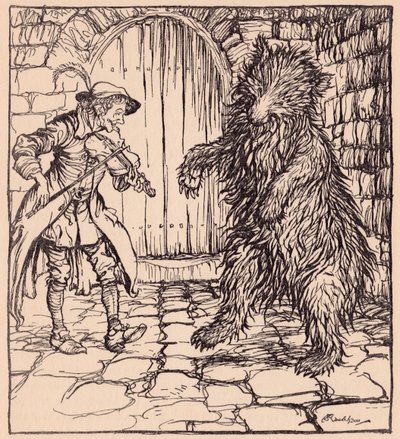 Cuando el oso oyó la música no pudo evitar ponerse a bailar. Ilustración de Arthur Rackham del cuento de Grimm El sastrecillo astuto. de Arthur Rackham