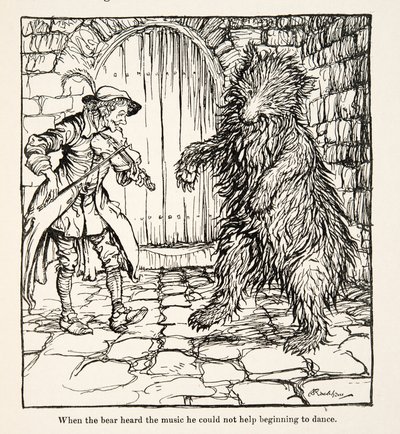 Cuando el oso escuchó la música no pudo evitar empezar a bailar, de Hermanito y hermanita y otros cuentos de los Hermanos Grimm, pub.1917 de Arthur Rackham