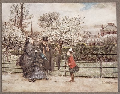 Cuando te encuentras con adultos en los jardines que resoplan y bufan como si se creyeran más grandes de lo que son, de Peter Pan en los jardines de Kensington de J. M. Barrie (1860 - 1937), pub. 1906 de Arthur Rackham