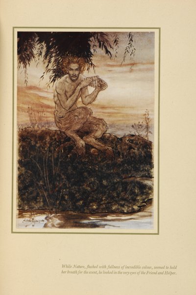 Mientras la naturaleza, enrojecida por la plenitud de un color increíble, parecía contener la respiración por el acontecimiento, él miraba a los ojos del amigo y ayudante". Pan, sentado en la orilla de un río. de Arthur Rackham