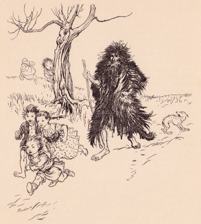 Quien lo veía, huía. Ilustración de Arthur Rackham del cuento de hadas de Grimm Piel de oso. de Arthur Rackham