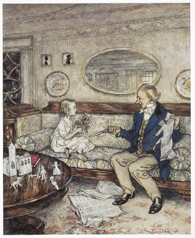 "¿Por qué mis flores están tan marchitas hoy? Ilustración en color que muestra a una joven, Ida, sentada en un sofá con un joven, estudiante, que sostiene unas tijeras de podar. de Arthur Rackham