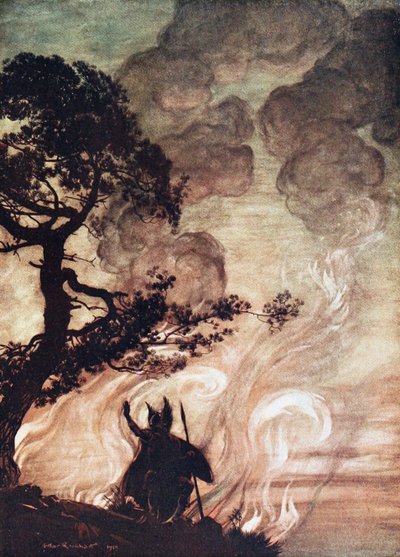 Wotan se vuelve y mira con tristeza a Brünnhilde. Ilustración para El oro del Rin y La valquiria de Arthur Rackham
