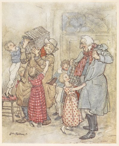 Niños pequeños ayudan a dos hombres mayores con sus abrigos mientras entran en una casa cargados de regalos de Navidad. de Arthur Rackham