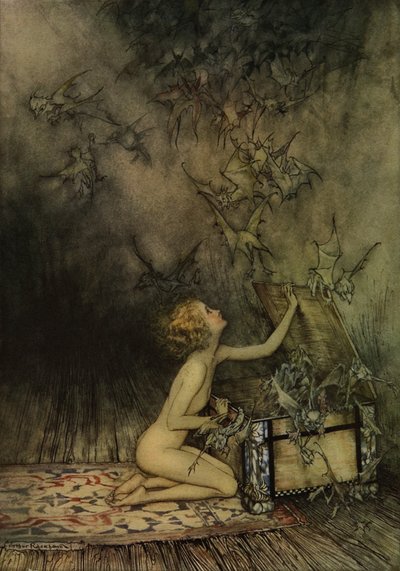 Joven niña y murciélago de Arthur Rackham