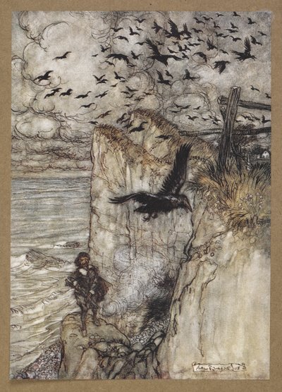.... chovas pechirrojas, muchas de ellas, levantándose y graznando al oír el disparo".
Una escena de "El sueño de una noche de verano". de Arthur Rackham