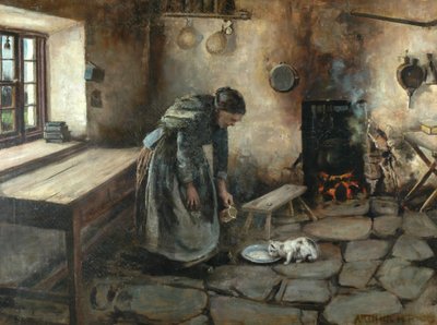 Interior de una granja (óleo sobre lienzo) de Arthur Rigg