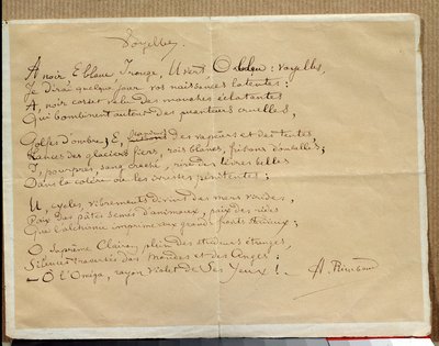 Manuscrito del poema de Arthur Rimbaud: Las Vocales de Arthur Rimbaud