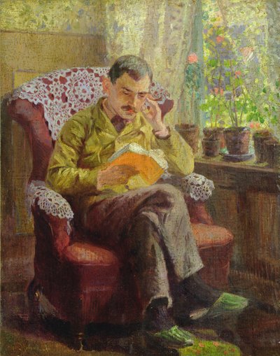 El hermano del artista sentado junto a una ventana (óleo sobre lienzo sobre tabla) de Arthur Siebelist