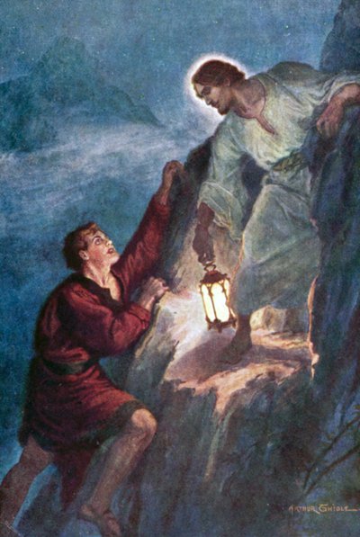 Joven subiendo, siguiendo la luz sostenida por Jesucristo de Arthur Twidle