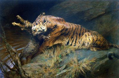 Tigre y cocodrilo (óleo sobre lienzo) de Arthur Wardle