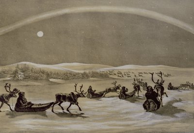 Una aparición singular de las Luces del Norte sobre una manada de renos de un lapón cruzando el Jerdis Javri, de Bocetos de invierno en Laponia, grabado por James Duffield Harding (1798-1863) 1825 de Arthur de Capell Brooke