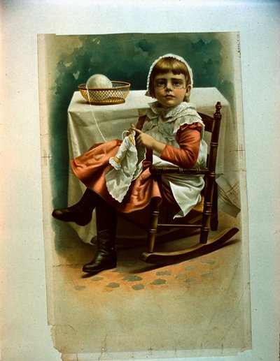 Un niño tejiendo (litografía en color) de Artist Unknown