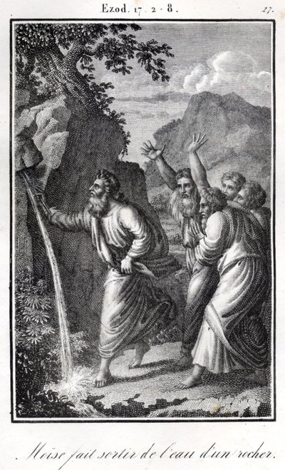 Biblia- Moisés golpea la roca y sale agua de ella Éxodo (grabado) de Artist Unknown