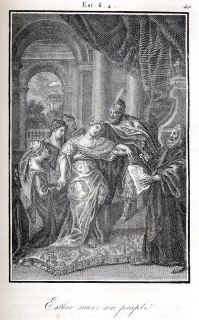 Biblia, Ester salva a su pueblo diciéndole a Asuero que Amán planeaba matarla (grabado) de Artist Unknown