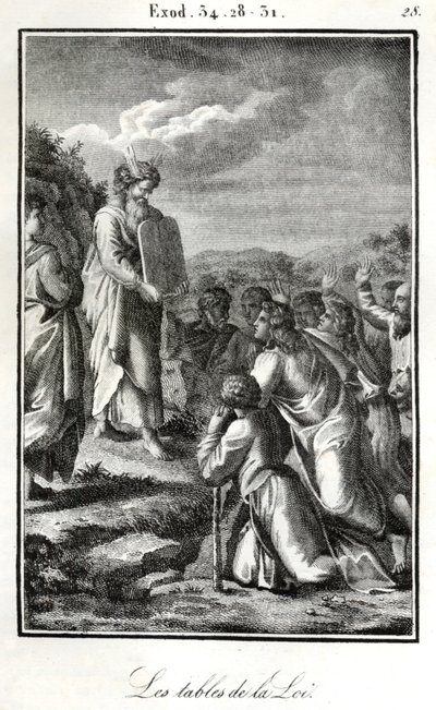 Biblia, Moisés mostrando las dos tablas con los diez mandamientos (grabado) de Artist Unknown