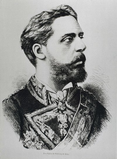 CARLOS VII, Carlos María de los Dolores de Borbón y Austria-Este (1848-1909). Pretendiente carlista al trono de España como Carlos VII. España. Carlismo. Carlos VII, pretendiente carlista al trono. Publicado en "La ilustración Española y Americana". Grabad de Artist Unknown