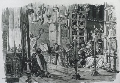 CHARLEMAGNE o CARLOS I (742-814). Rey de los francos y los lombardos (768-814) y emperador del Sacro Imperio Romano Germánico (800-814). Coronación de Carlomagno como emperador del Sacro Imperio Romano Germánico (800). Grabado. de Artist Unknown