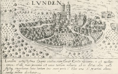 Ciudad de Lund, que perteneció a Dinamarca en la Edad Media, grabado de Artist Unknown