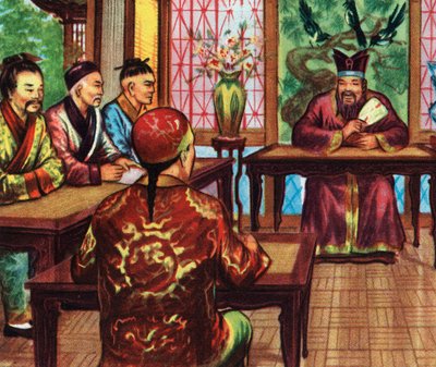 Confucio, o Kong Fu Zi, con sus alumnos (impresión) de Artist Unknown