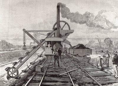 Construcción del Canal de Panamá. Trabajos de dragado en el pueblo de Culebra. Dibujo original de Meltor Prior. Imagen publicada en "The Illustrated London News". Grabado. de Artist Unknown