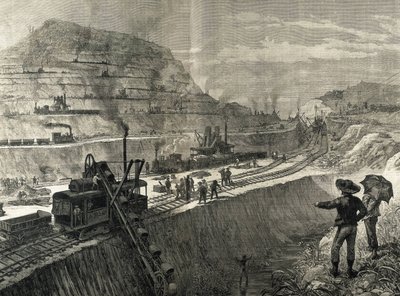 Construcción del Canal de Panamá. Trabajos de dragado en el pueblo de Culebra. Dibujo original de Meltor Prior. Imagen publicada en "The Illustrated London News". Grabado. de Artist Unknown