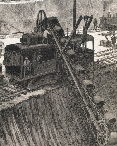 Construcción del Canal de Panamá. Trabajos de dragado en el pueblo de Culebra. Dibujo original de Meltor Prior. Imagen publicada en "The Illustrated London News". Grabado. de Artist Unknown