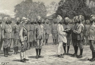 Inglaterra (siglo XIX). Colonización. India. Los nuevos regimientos de Birmania. Prestando juramento a los nuevos reclutas. Grabado. Colección privada de Artist Unknown