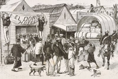 Inglaterra (siglo XIX). La colonización (1880). La vida de los buscadores de oro en Australia. Colonia inglesa de Botany Bay (fundada en 1788) e inicialmente poblada en su mayoría por delincuentes convertidos en buscadores y comerciantes. Grabado. Colecció de Artist Unknown