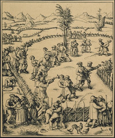 Fiesta campesina en una granja alemana ("Der Jahrmarkt"). Música y baile. (grabado) de Artist Unknown